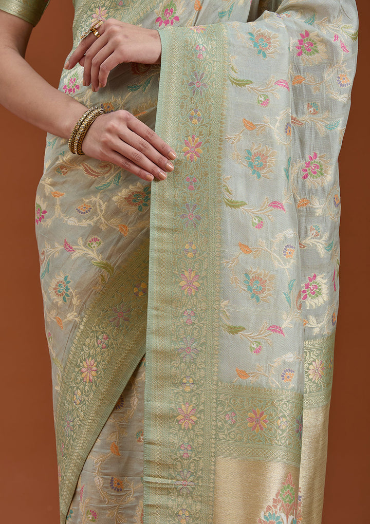 Pista Green Silk Jaal Saree With Matching Blouse Piece