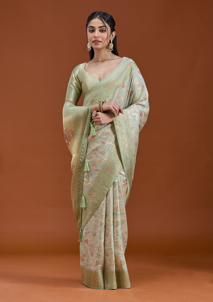 Pista Green Silk Jaal Saree With Matching Blouse Piece