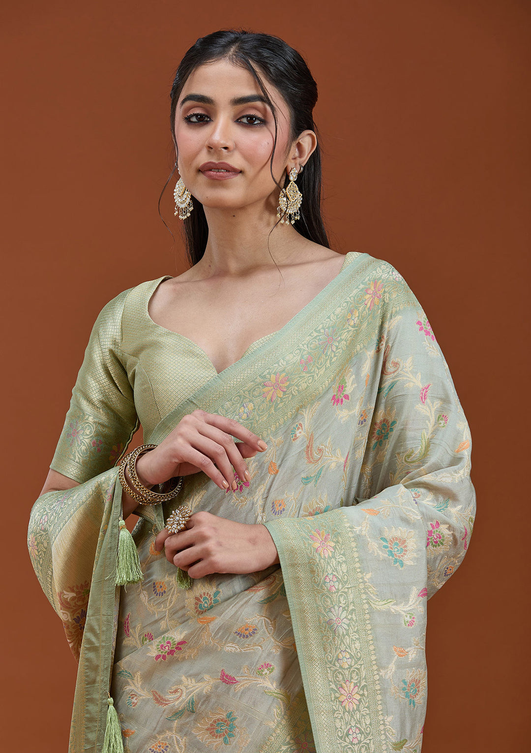 Pista Green Silk Jaal Saree With Matching Blouse Piece