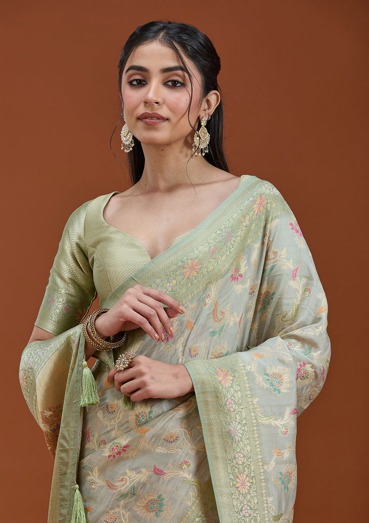Pista Green Silk Jaal Saree With Matching Blouse Piece