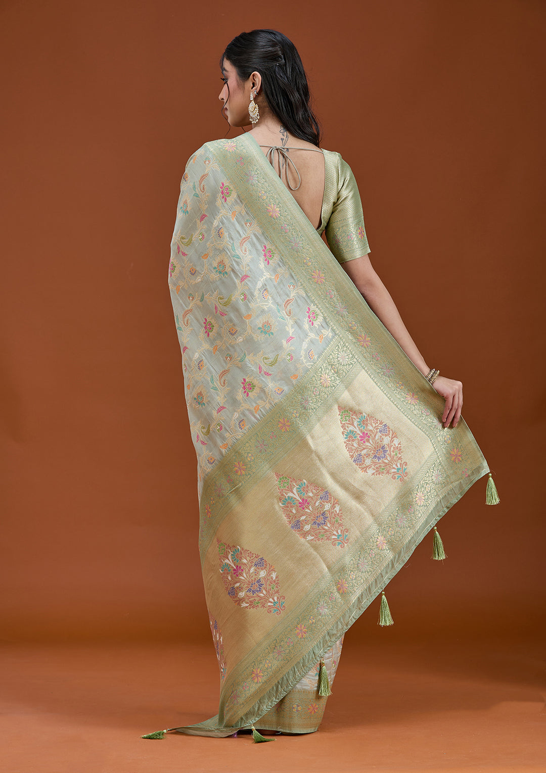 Pista Green Silk Jaal Saree With Matching Blouse Piece