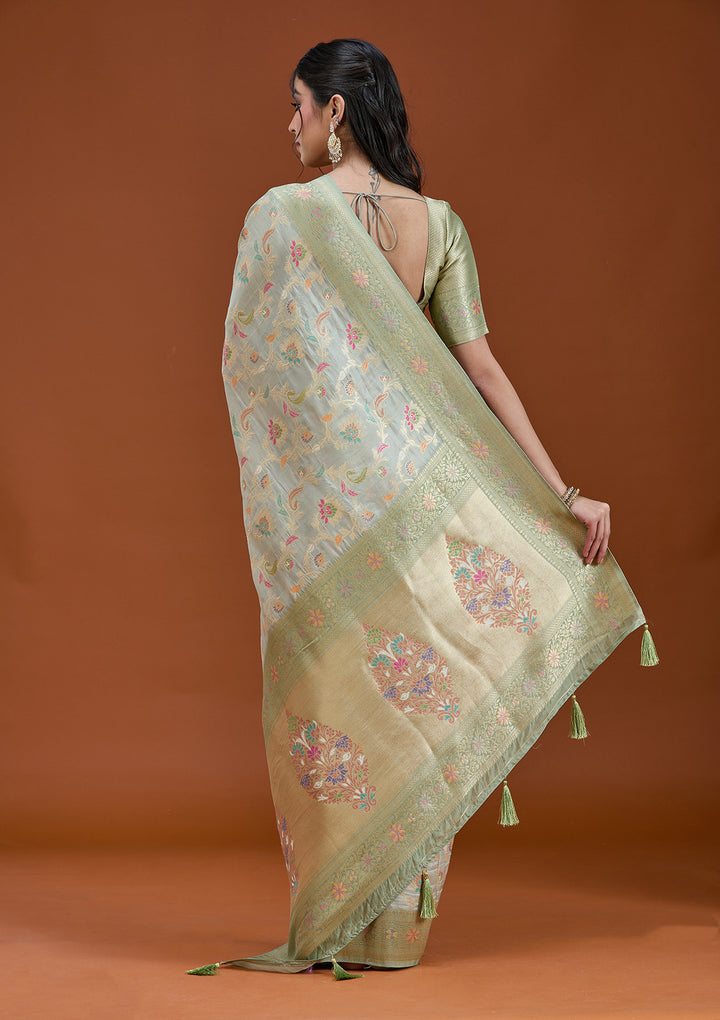Pista Green Silk Jaal Saree With Matching Blouse Piece