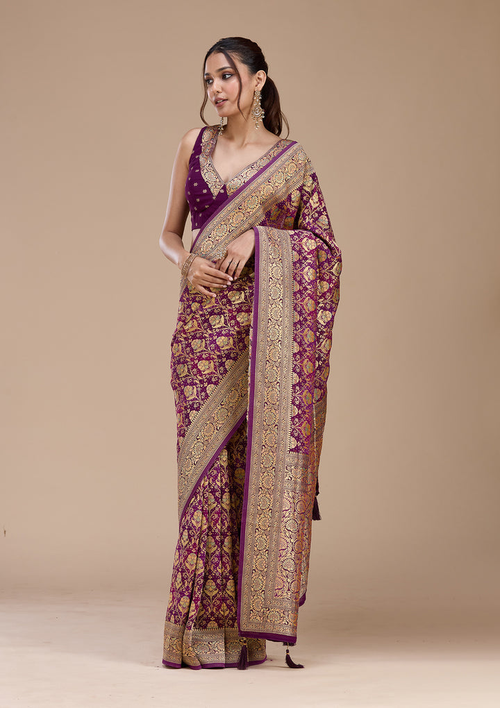 Purple Crepe Jaal Saree With Matching Blouse Piece
