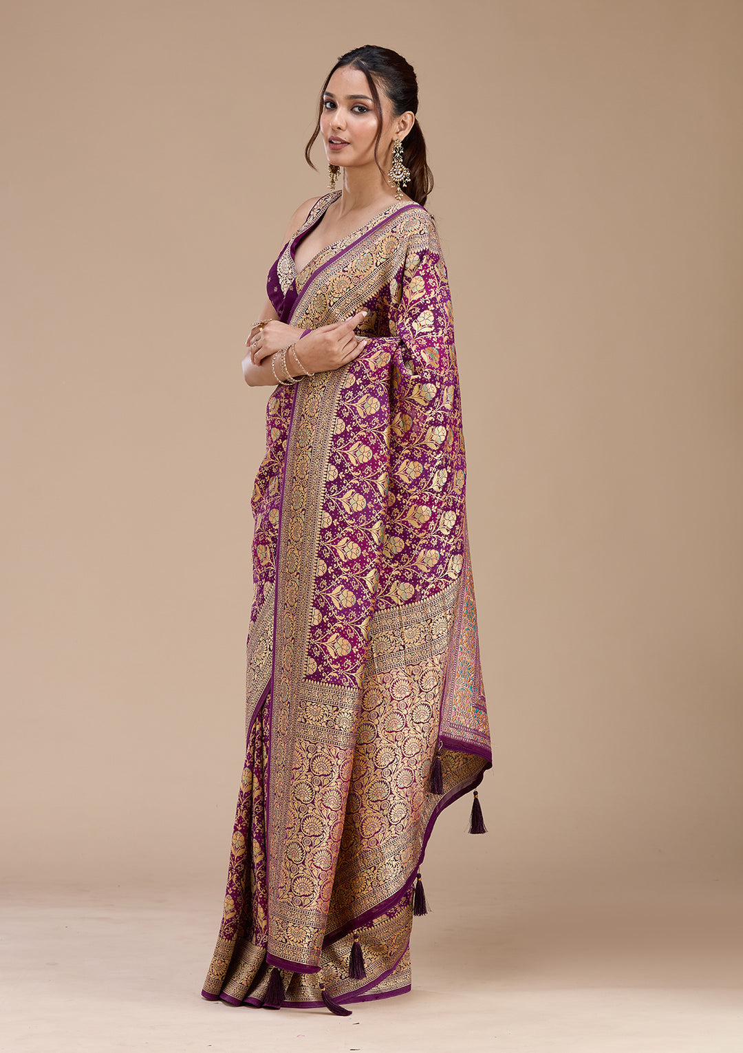Purple Crepe Jaal Saree With Matching Blouse Piece