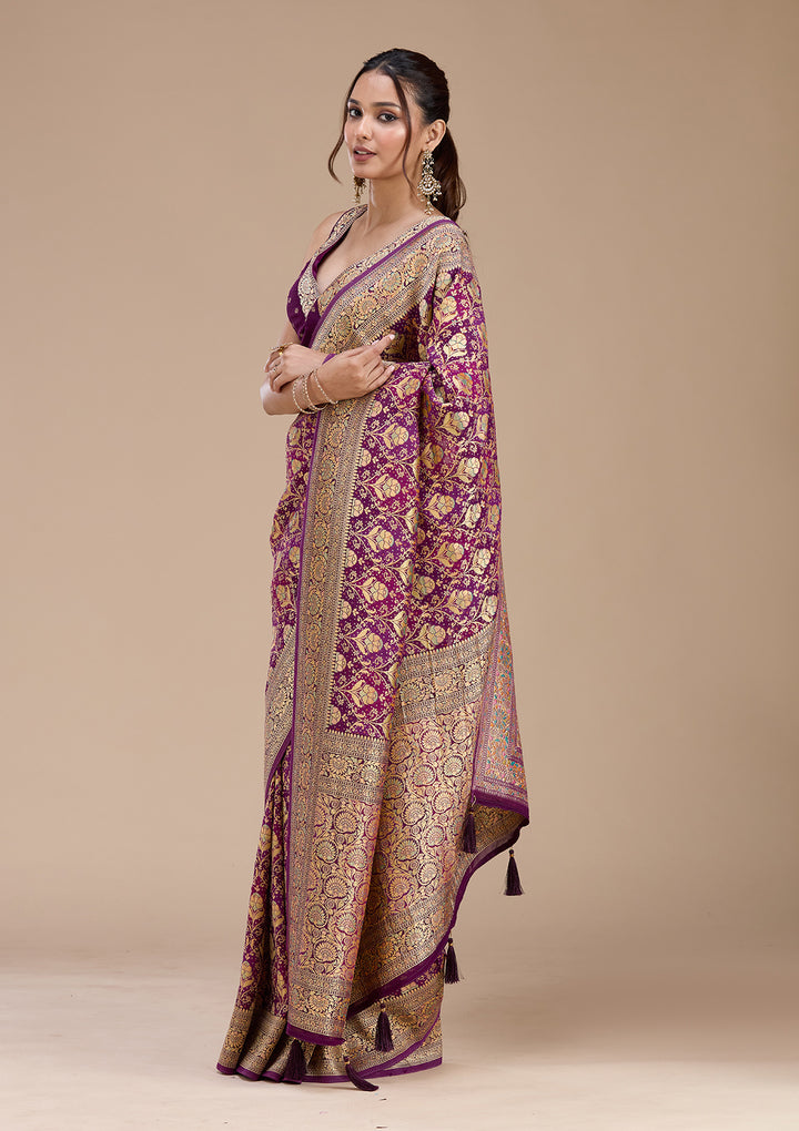 Purple Crepe Jaal Saree With Matching Blouse Piece