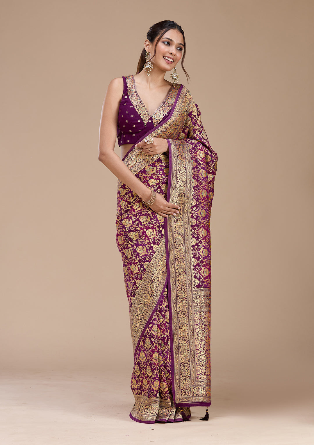 Purple Crepe Jaal Saree With Matching Blouse Piece