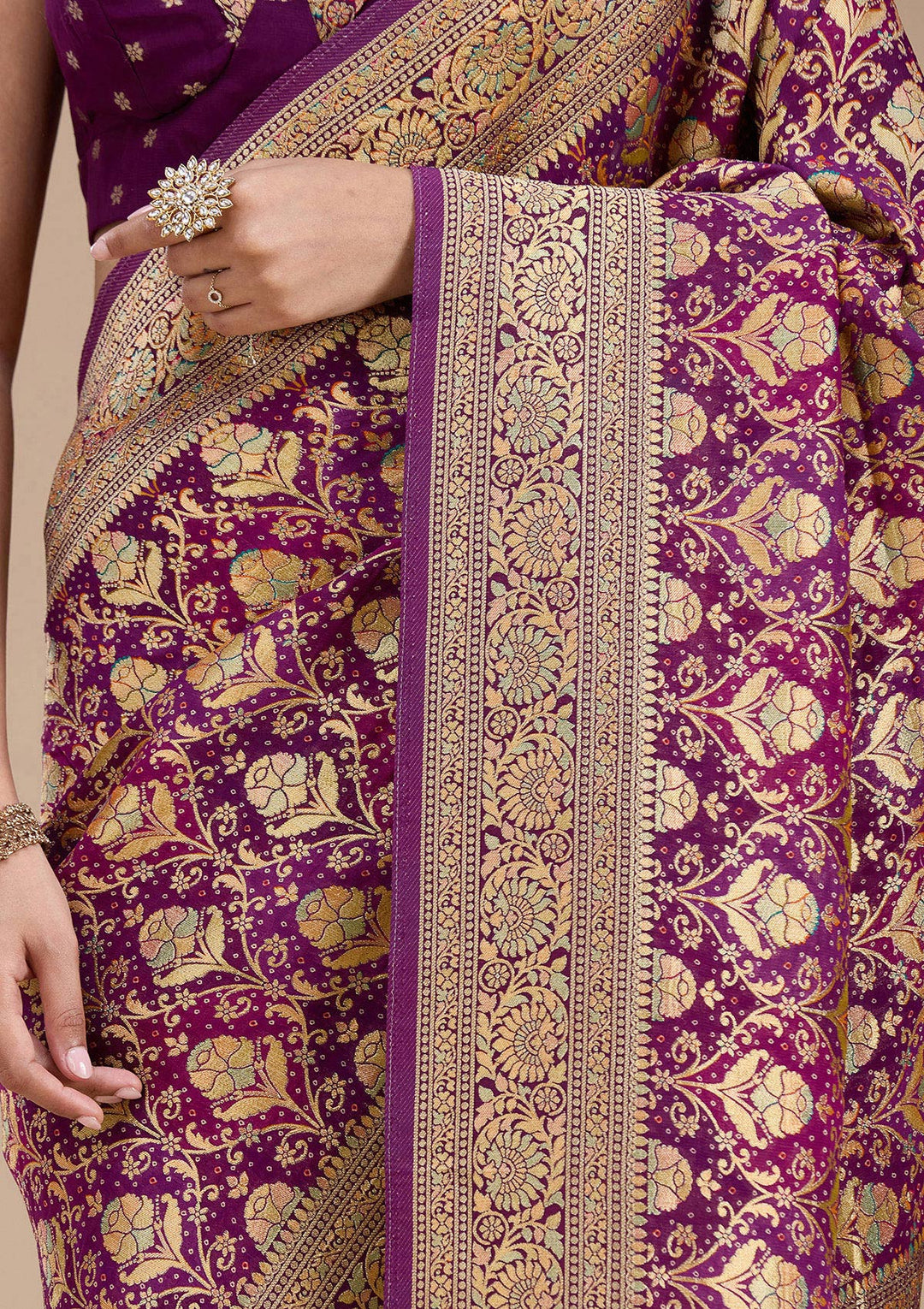 Purple Crepe Jaal Saree With Matching Blouse Piece