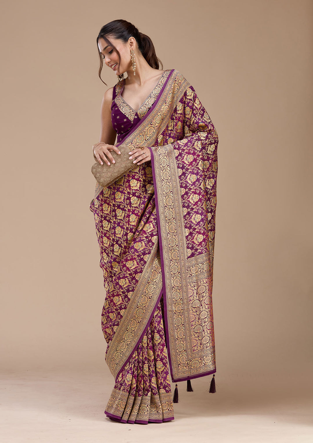 Purple Crepe Jaal Saree With Matching Blouse Piece