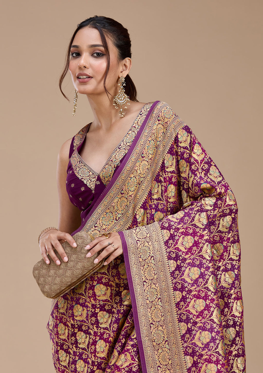 Purple Crepe Jaal Saree With Matching Blouse Piece