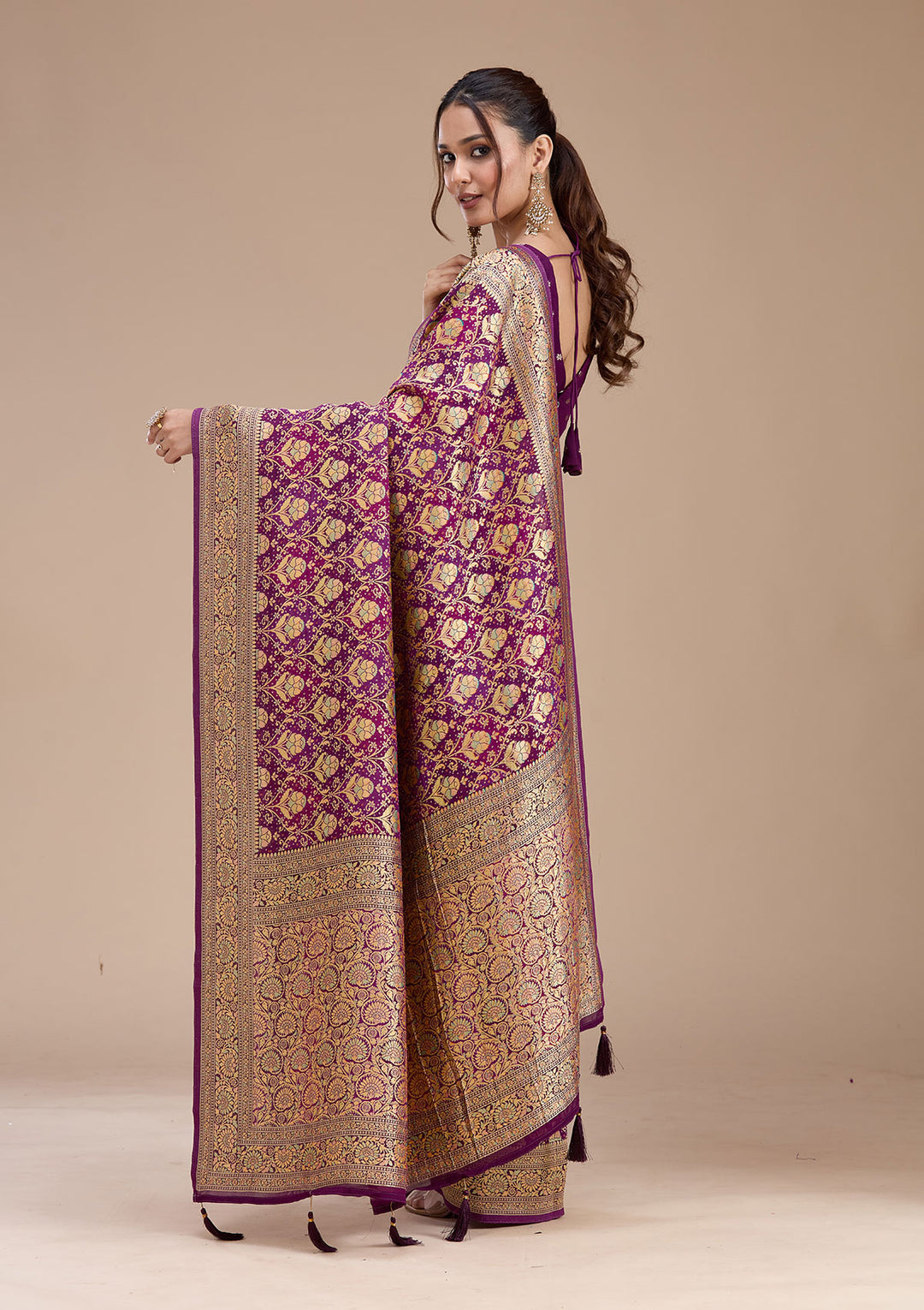 Purple Crepe Jaal Saree With Matching Blouse Piece