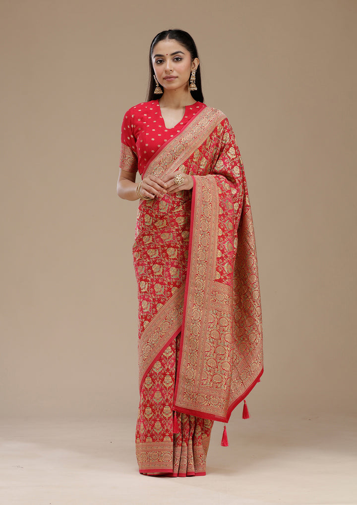 Rani Pink Crepe Jaal Banarasi Saree With Matching Blouse Piece