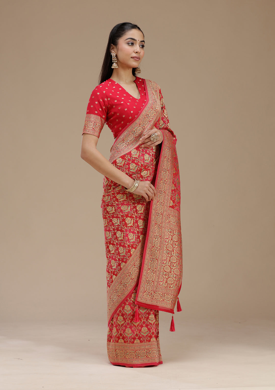 Rani Pink Crepe Jaal Banarasi Saree With Matching Blouse Piece