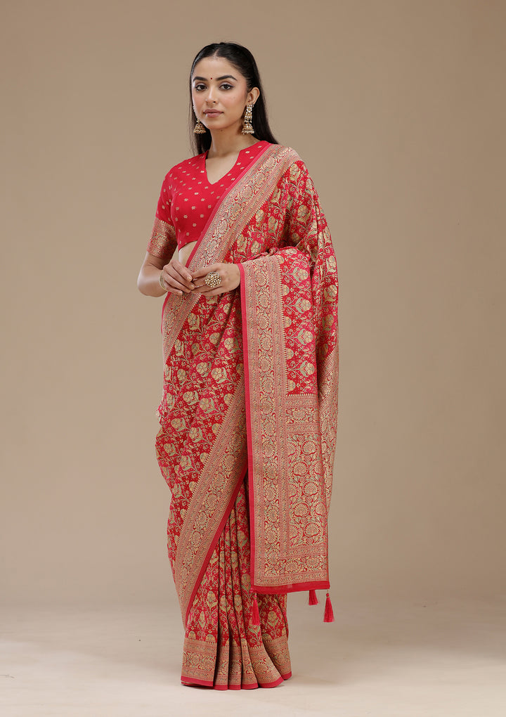 Rani Pink Crepe Jaal Banarasi Saree With Matching Blouse Piece