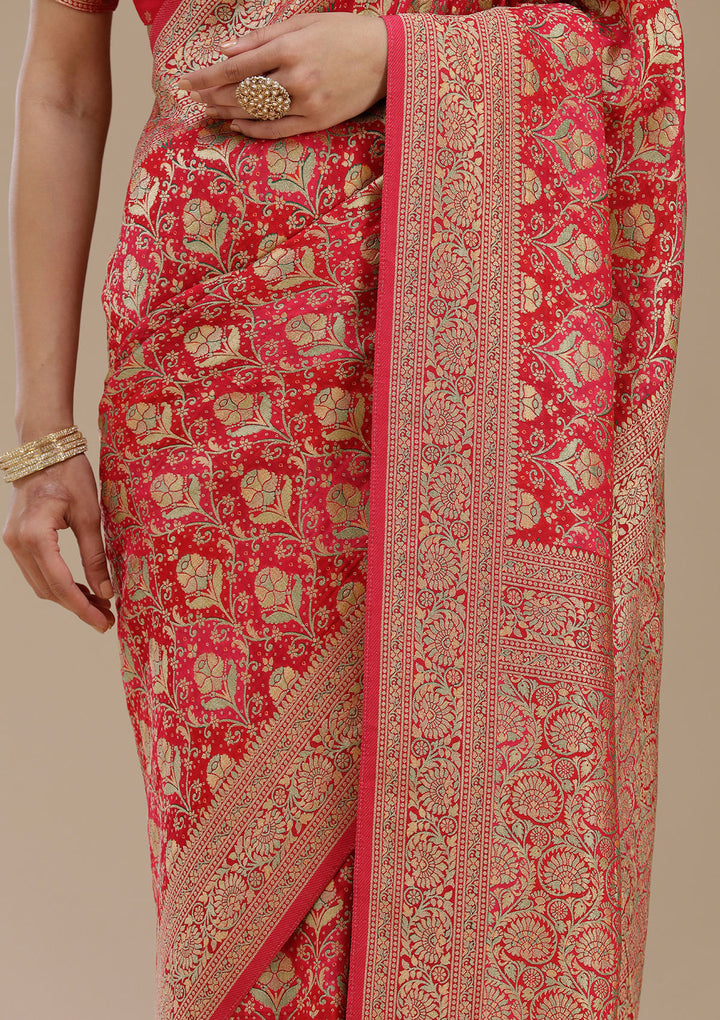 Rani Pink Crepe Jaal Banarasi Saree With Matching Blouse Piece