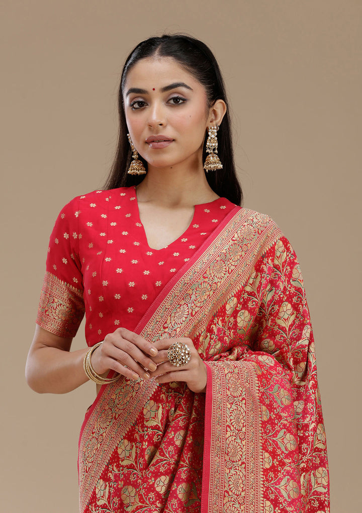 Rani Pink Crepe Jaal Banarasi Saree With Matching Blouse Piece