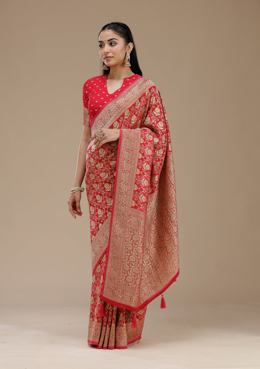 Rani Pink Crepe Jaal Banarasi Saree With Matching Blouse Piece