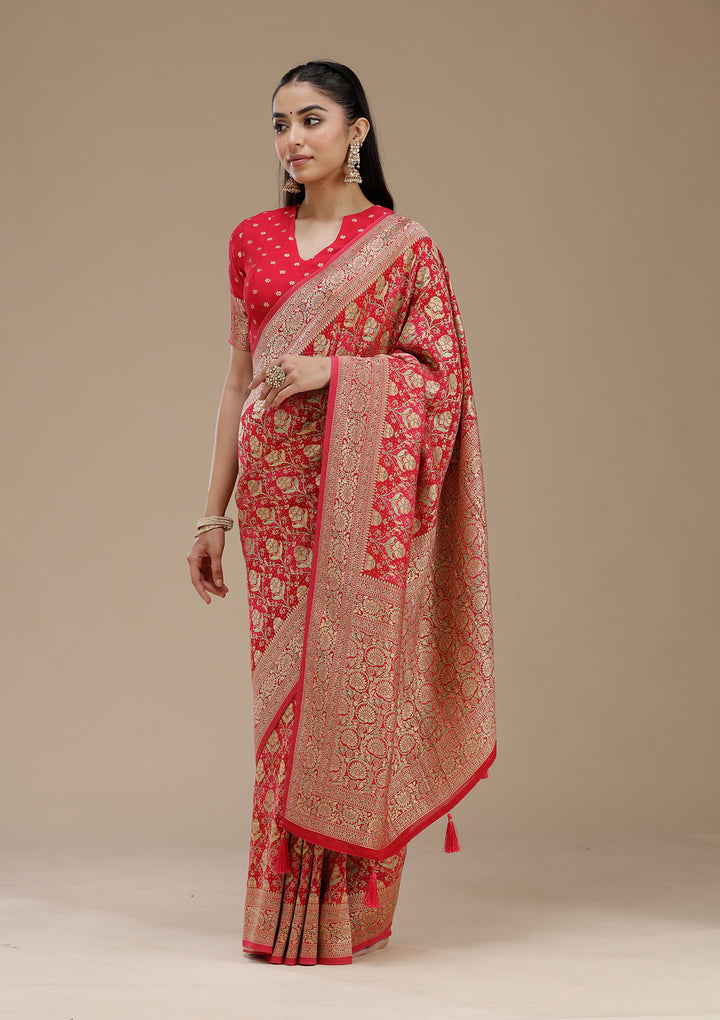 Rani Pink Crepe Jaal Banarasi Saree With Matching Blouse Piece