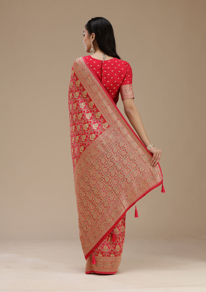 Rani Pink Crepe Jaal Banarasi Saree With Matching Blouse Piece