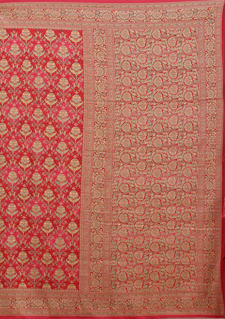 Rani Pink Crepe Jaal Banarasi Saree With Matching Blouse Piece