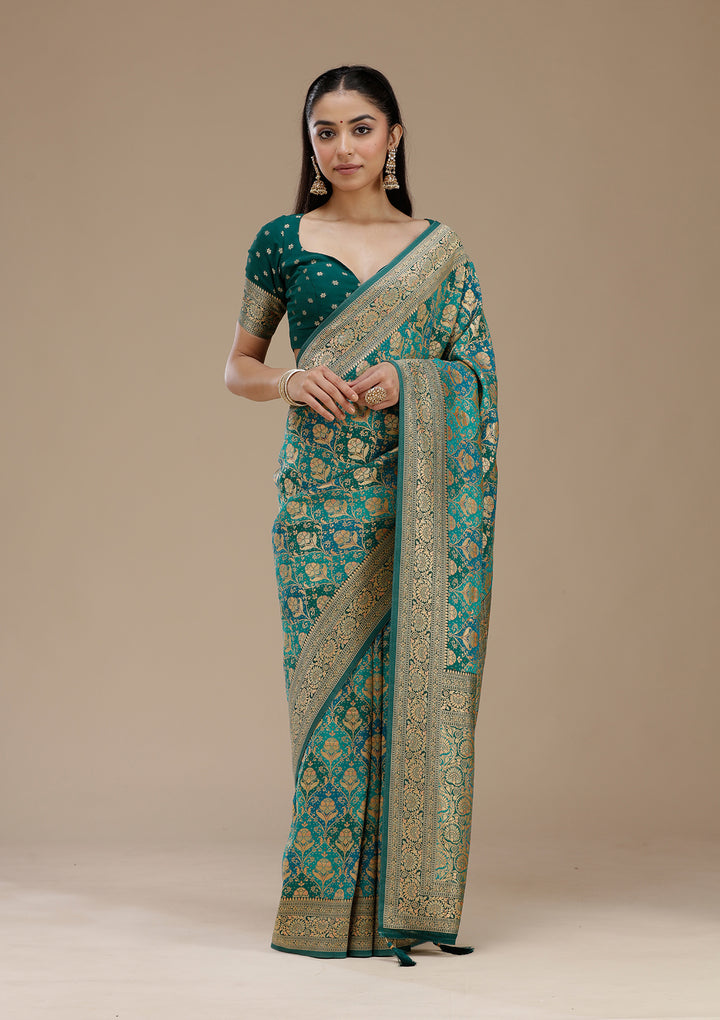Turquoise Blue Crepe Jaal Saree With Matching Blouse Piece