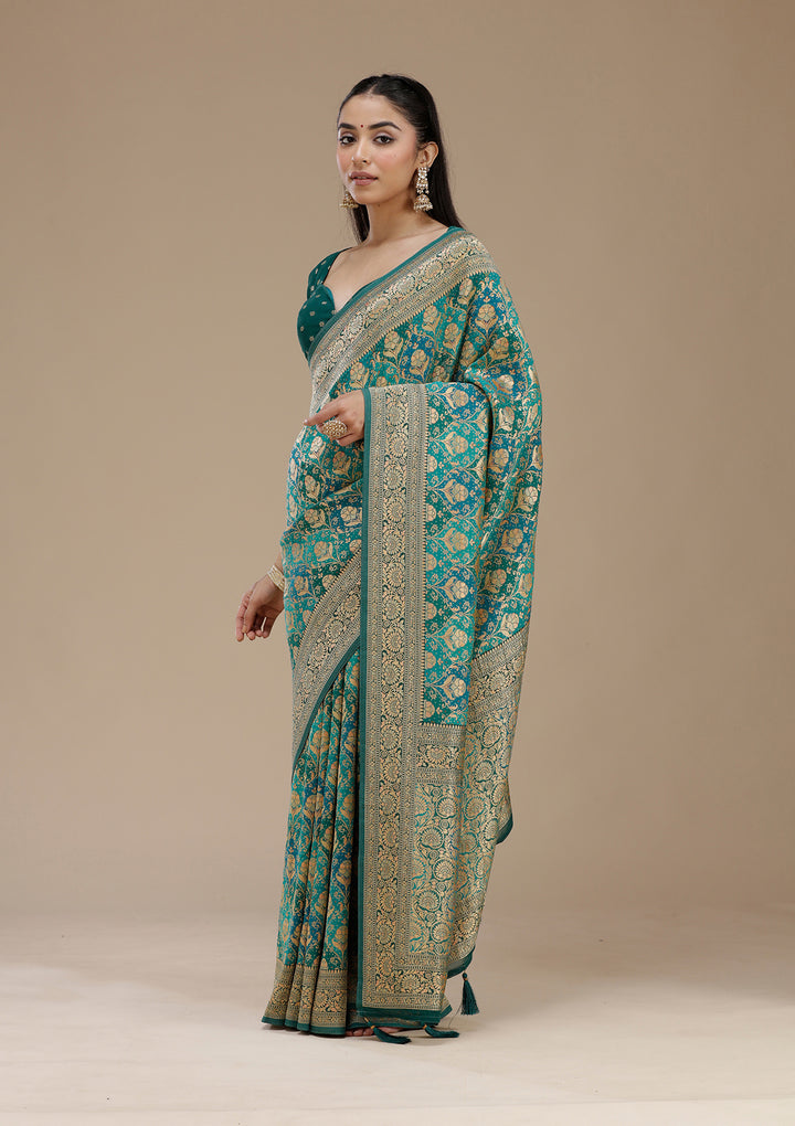 Turquoise Blue Crepe Jaal Saree With Matching Blouse Piece