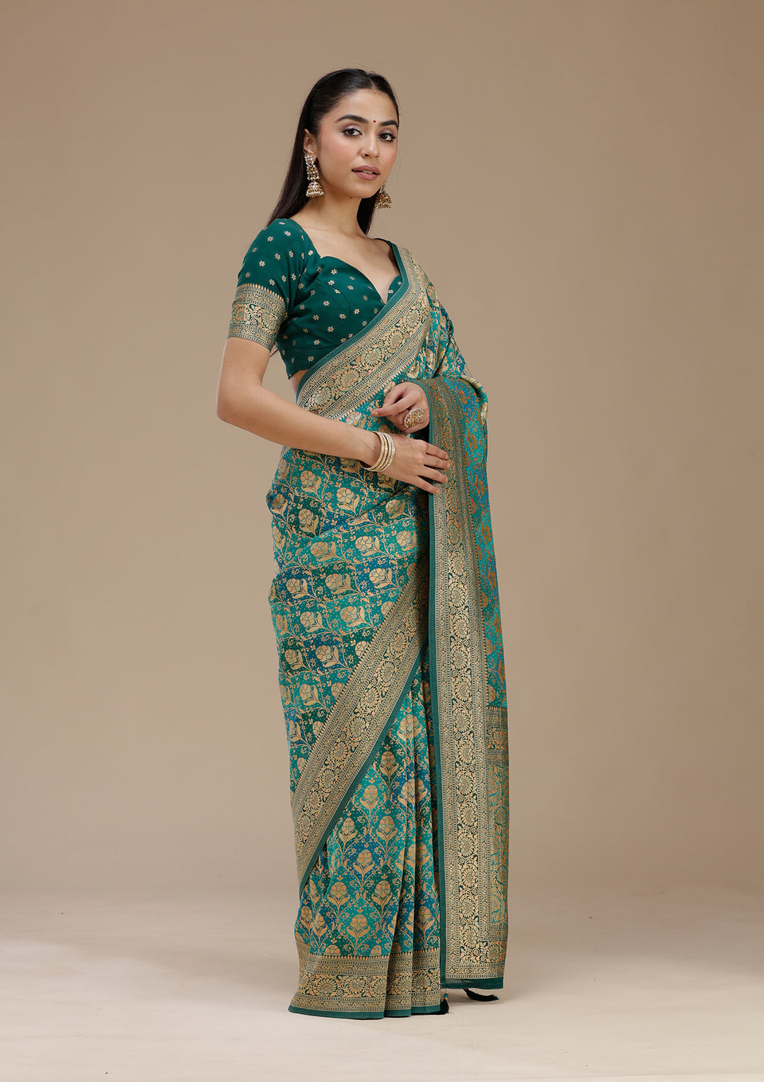 Turquoise Blue Crepe Jaal Saree With Matching Blouse Piece