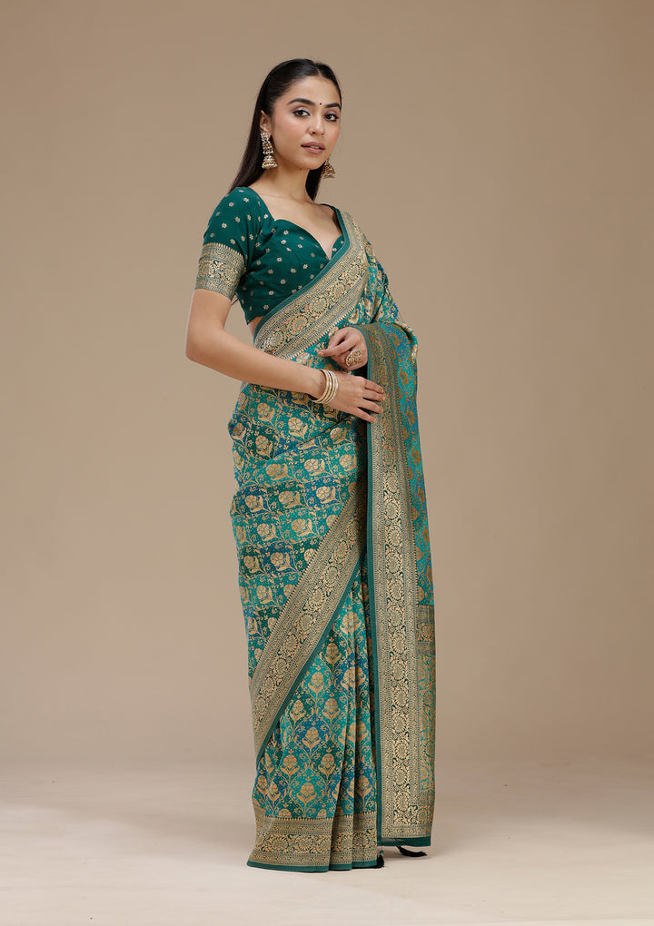 Turquoise Blue Crepe Jaal Saree With Matching Blouse Piece