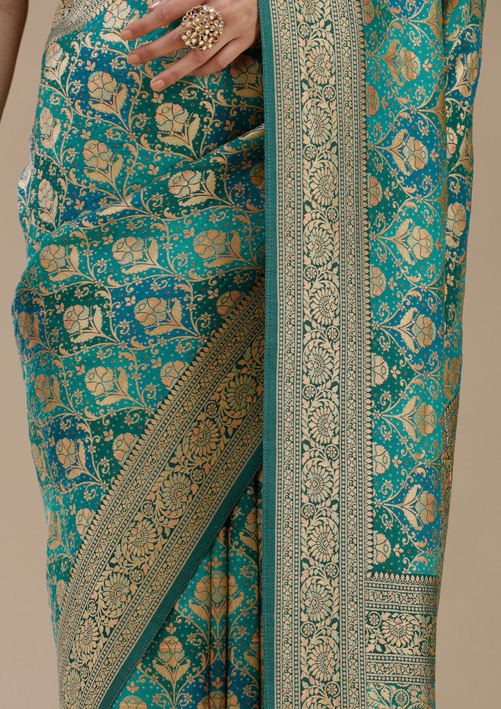 Turquoise Blue Crepe Jaal Saree With Matching Blouse Piece