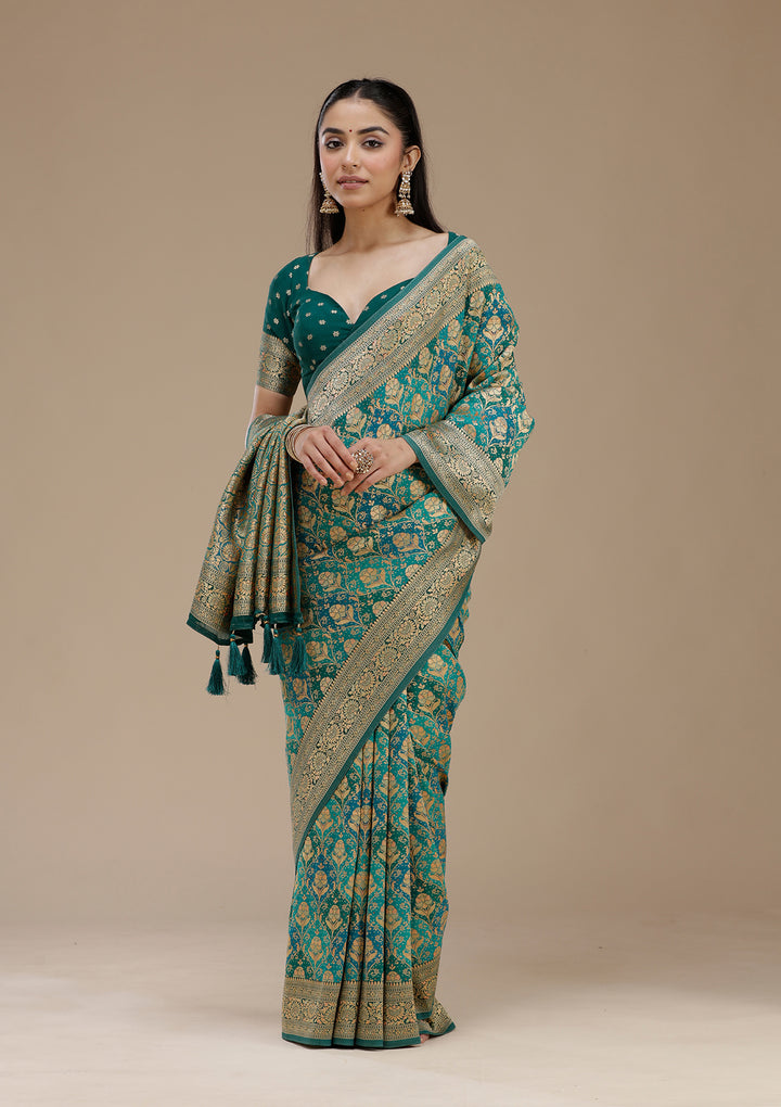 Turquoise Blue Crepe Jaal Saree With Matching Blouse Piece