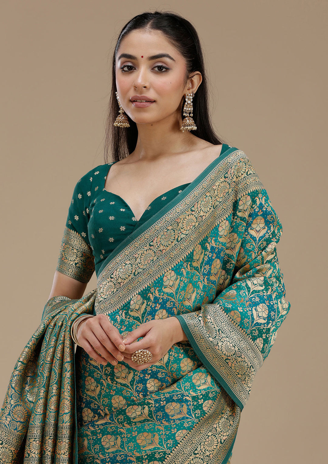 Turquoise Blue Crepe Jaal Saree With Matching Blouse Piece