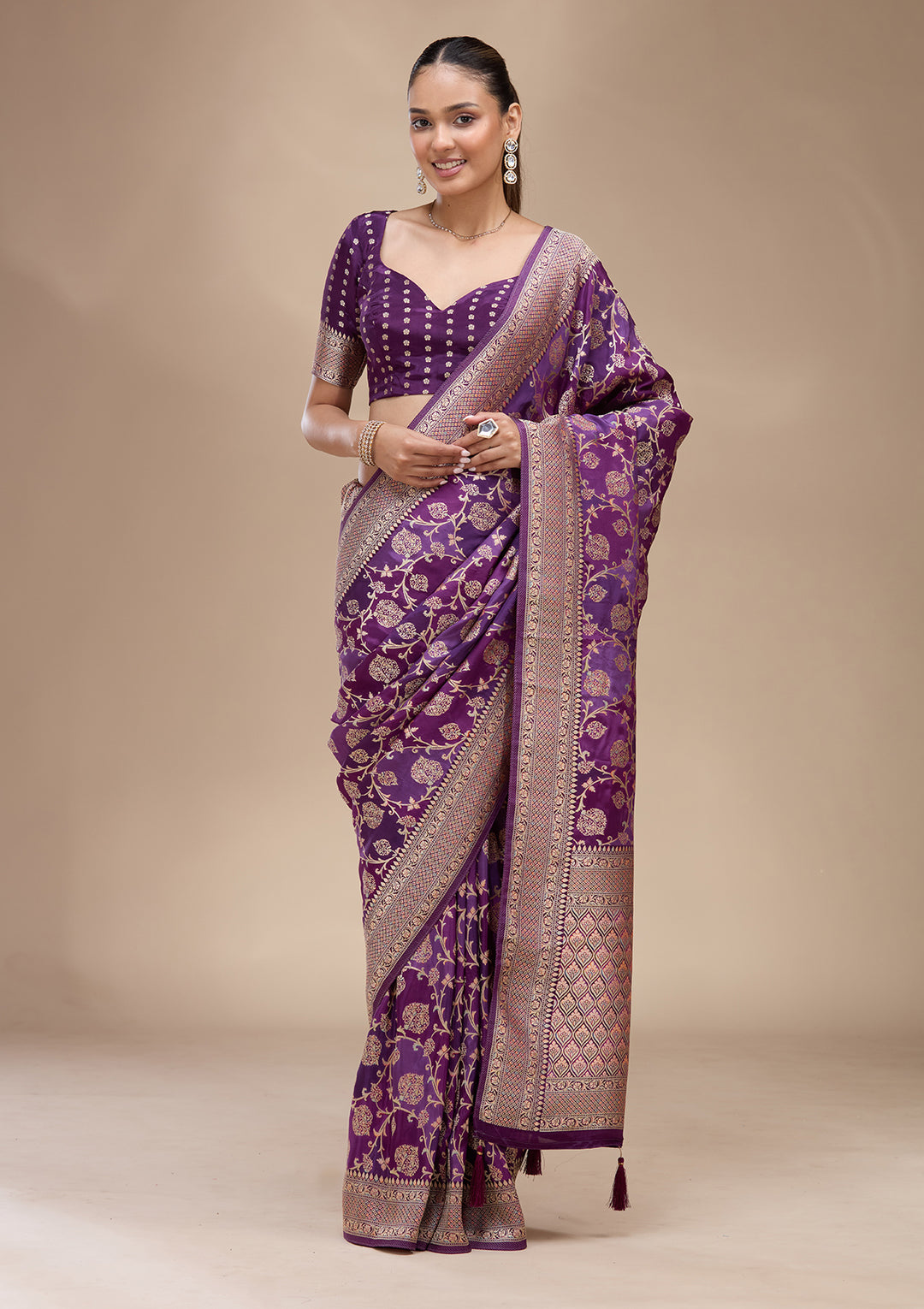 Purple Crepe Jaal Saree With Matching Blouse Piece