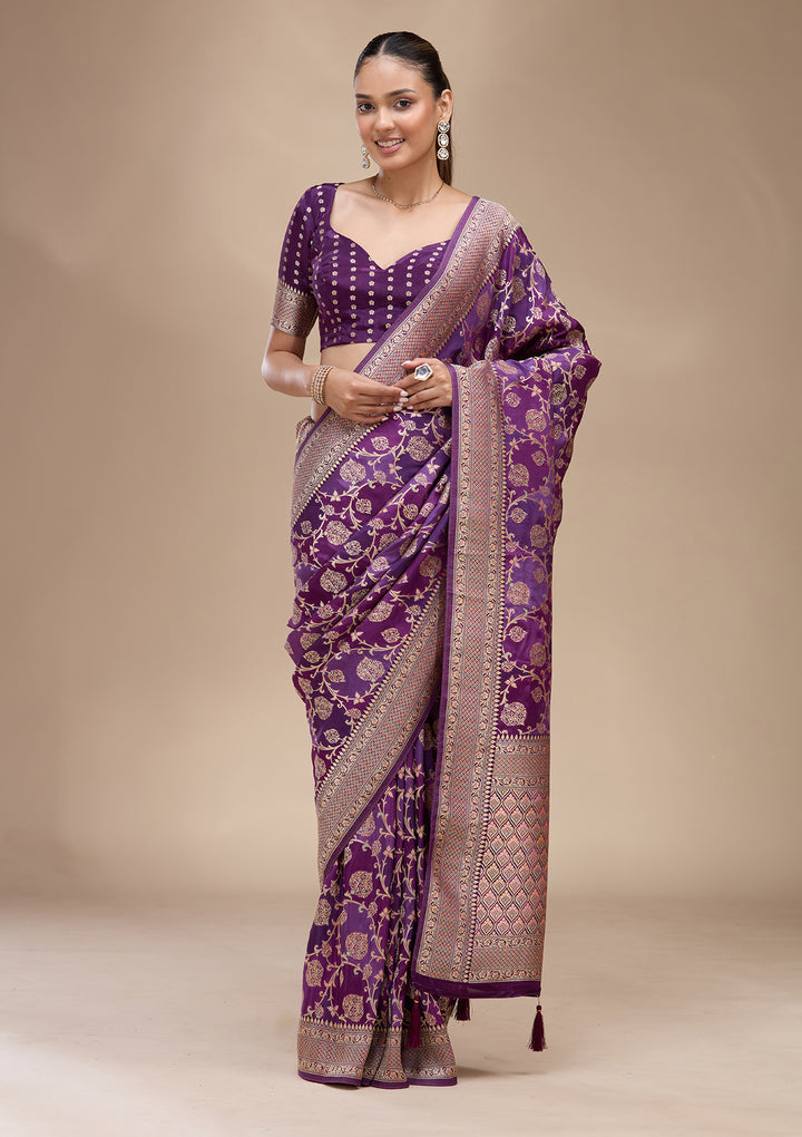 Purple Crepe Jaal Saree With Matching Blouse Piece