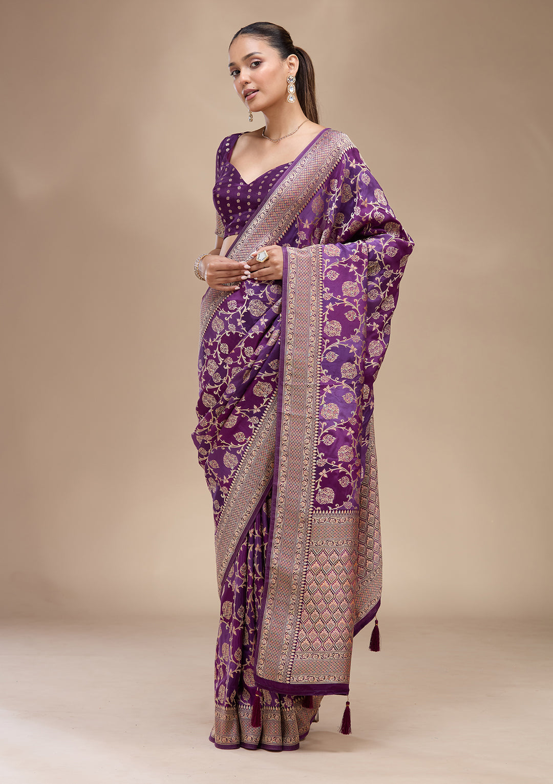 Purple Crepe Jaal Saree With Matching Blouse Piece