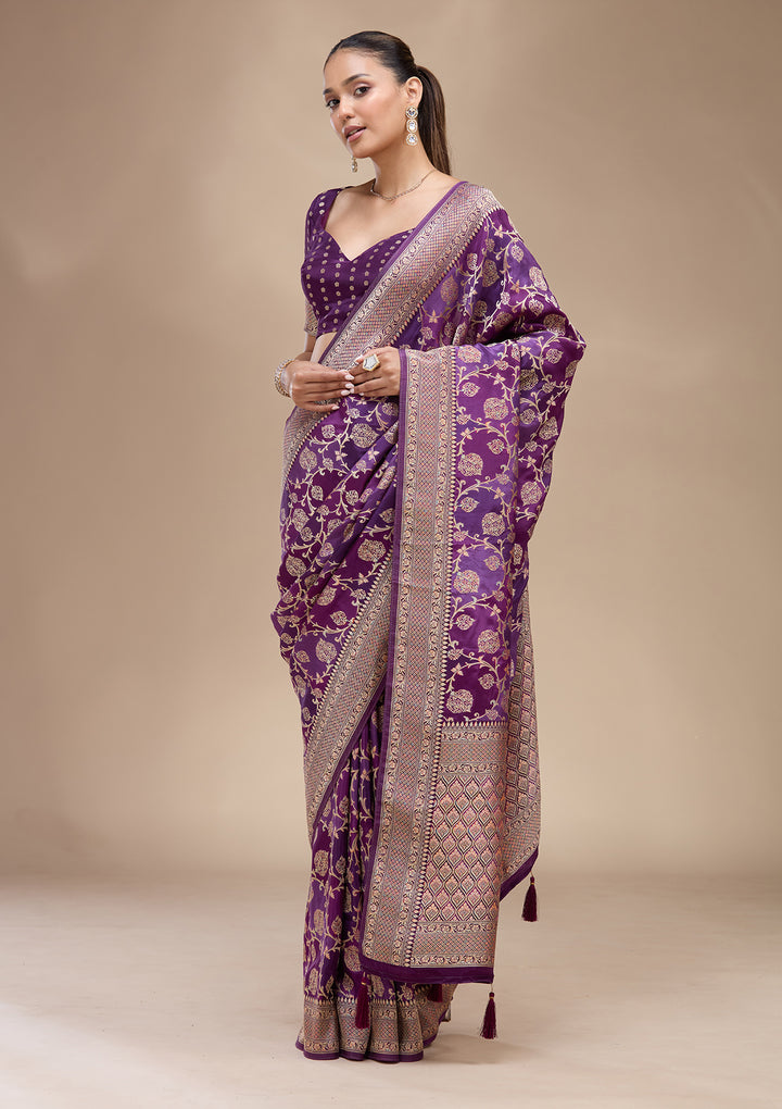 Purple Crepe Jaal Saree With Matching Blouse Piece