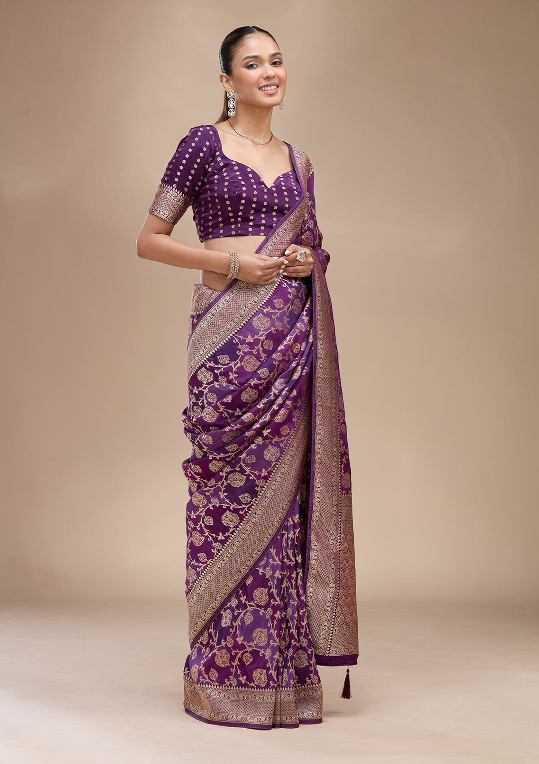 Purple Crepe Jaal Saree With Matching Blouse Piece