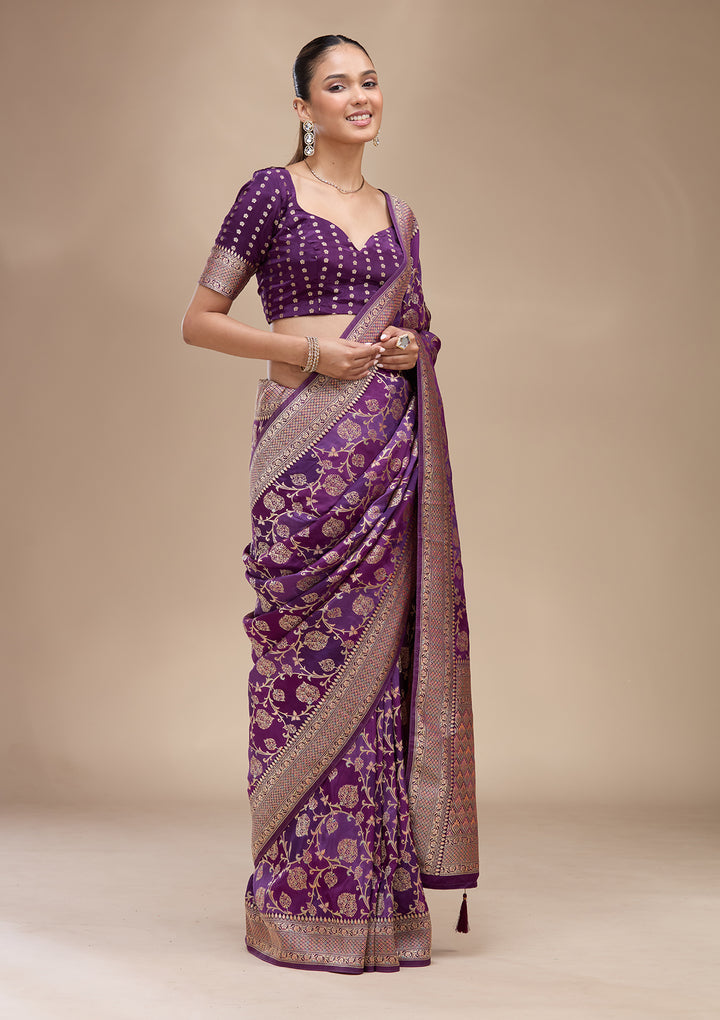 Purple Crepe Jaal Saree With Matching Blouse Piece