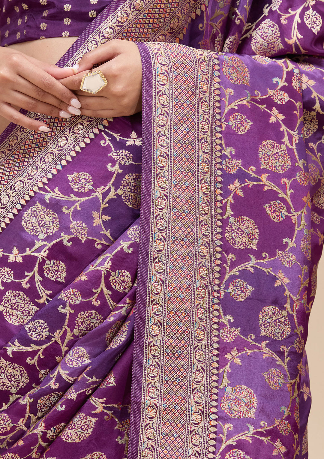 Purple Crepe Jaal Saree With Matching Blouse Piece