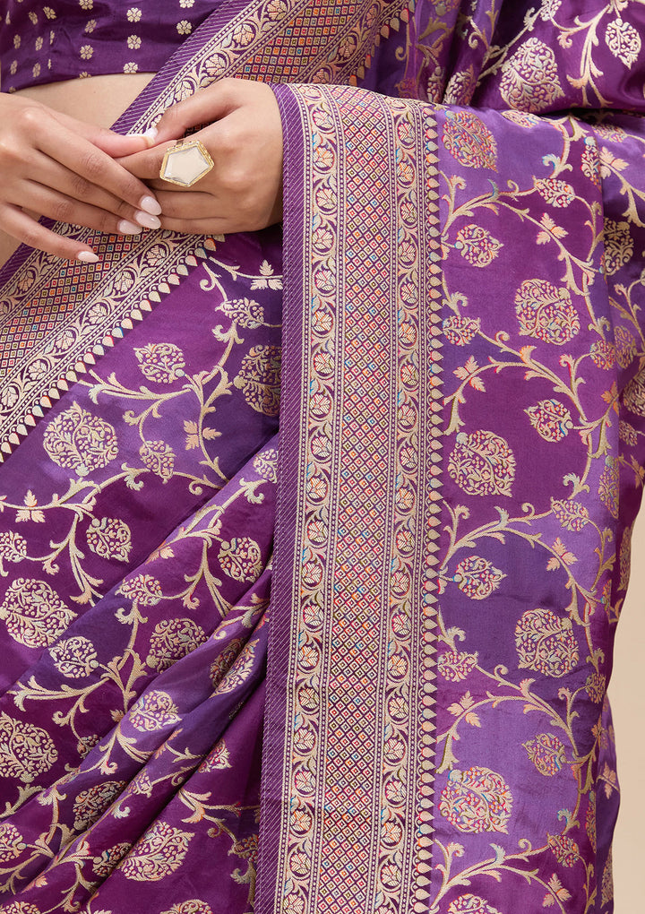 Purple Crepe Jaal Saree With Matching Blouse Piece