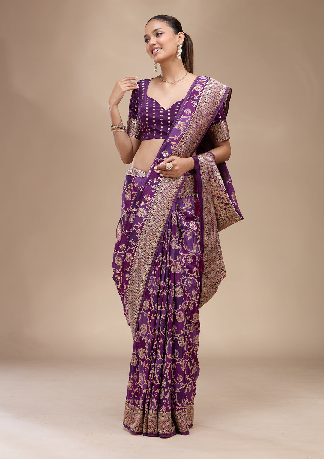 Purple Crepe Jaal Saree With Matching Blouse Piece