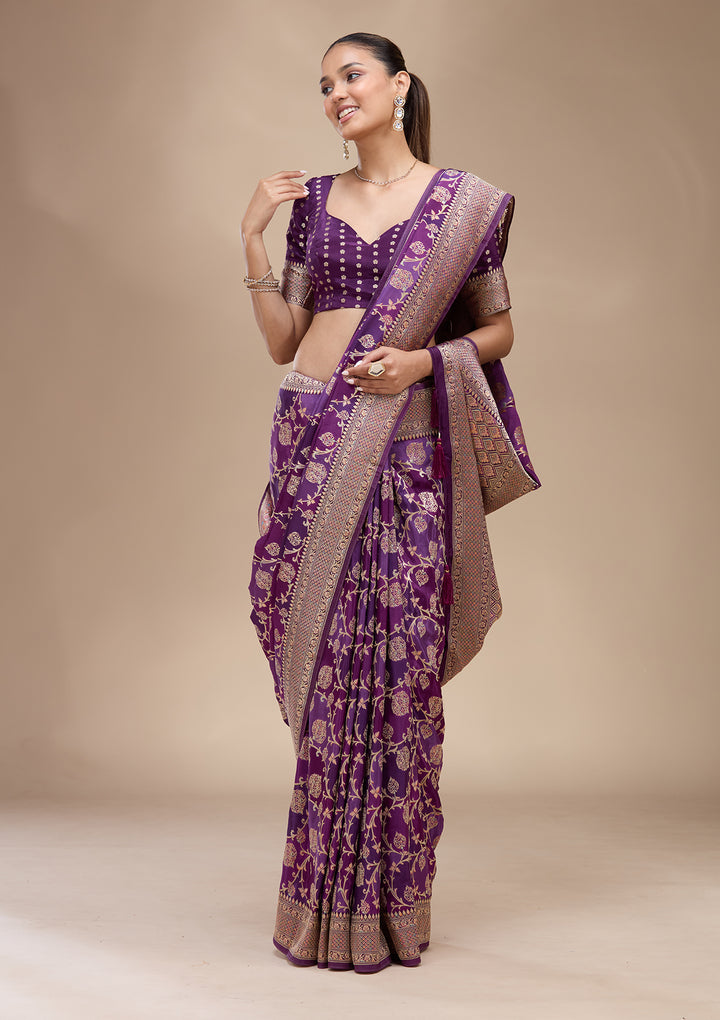 Purple Crepe Jaal Saree With Matching Blouse Piece