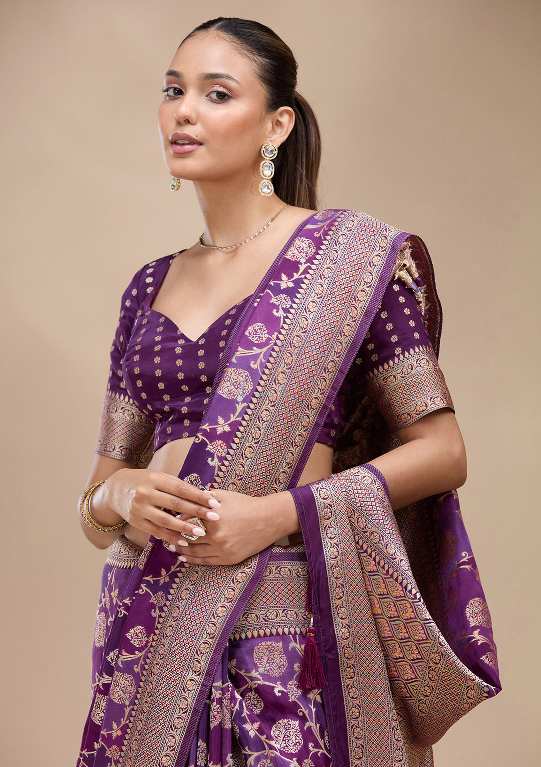 Purple Crepe Jaal Saree With Matching Blouse Piece