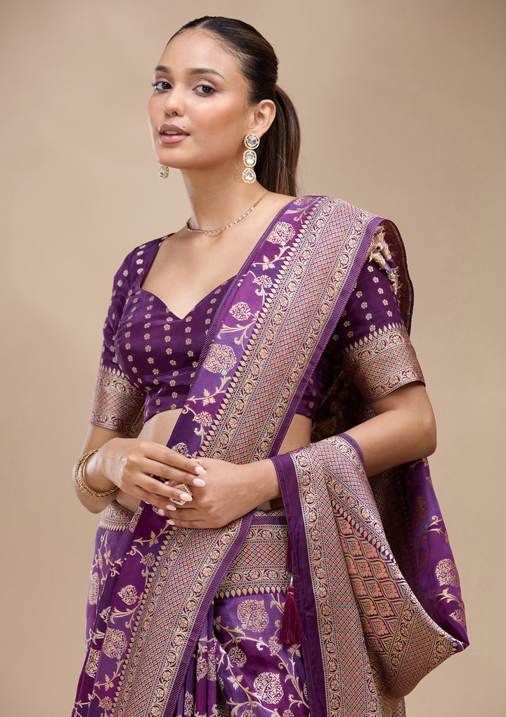 Purple Crepe Jaal Saree With Matching Blouse Piece
