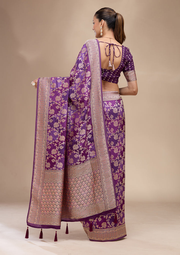 Purple Crepe Jaal Saree With Matching Blouse Piece