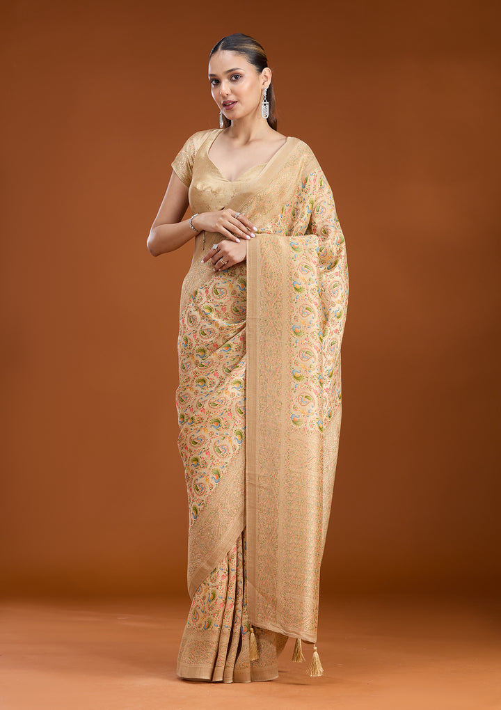 Beige Crepe Jaal Kashmiri Saree With Matching Blouse Piece