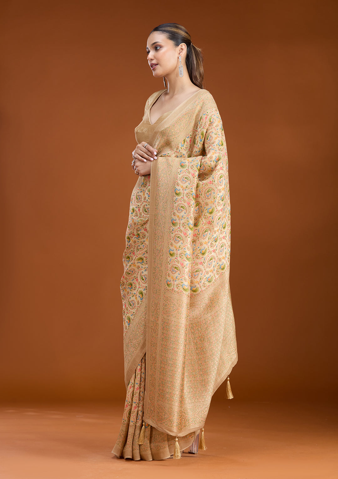 Beige Crepe Jaal Kashmiri Saree With Matching Blouse Piece