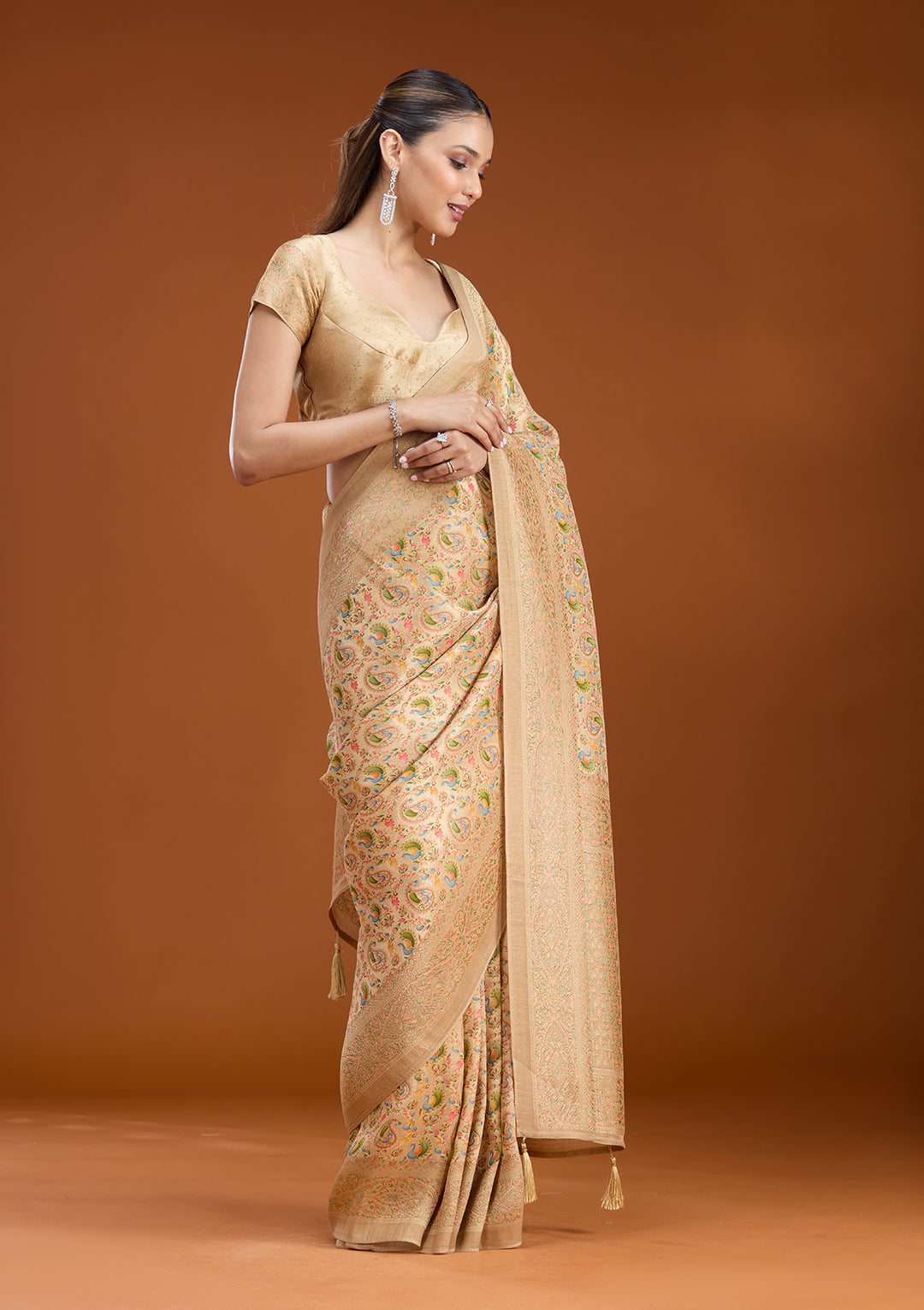Beige Crepe Jaal Kashmiri Saree With Matching Blouse Piece