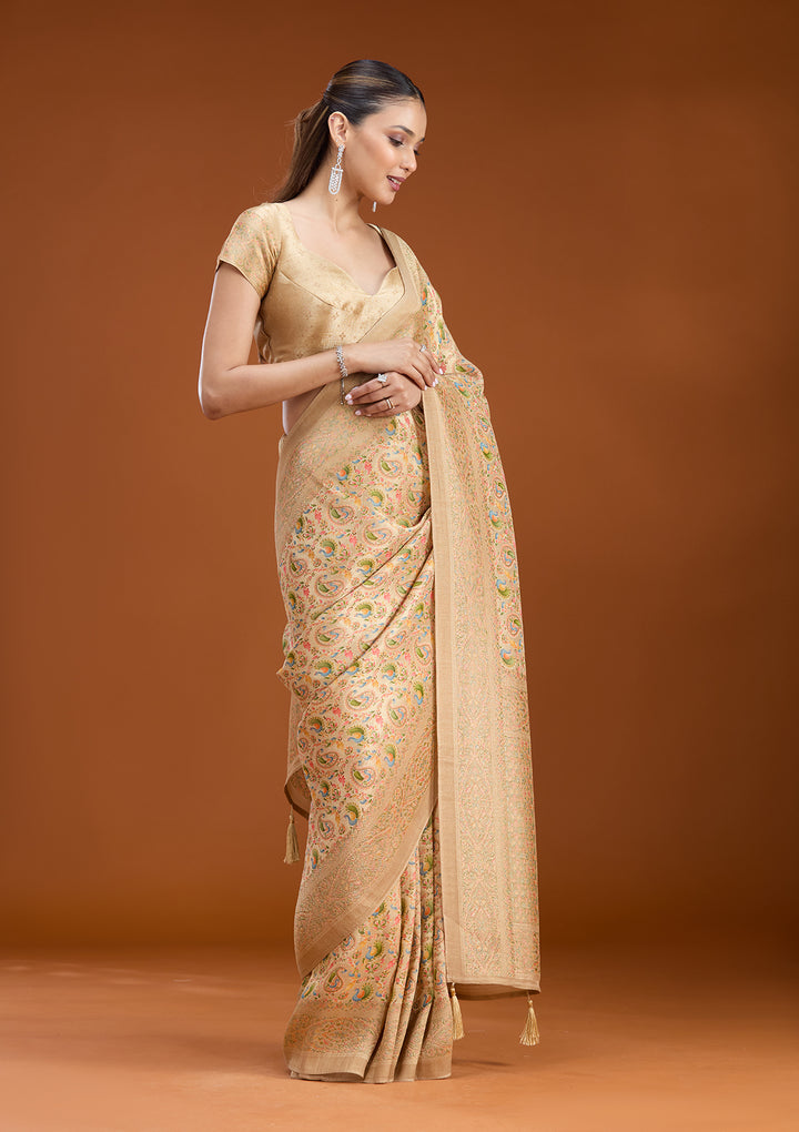 Beige Crepe Jaal Kashmiri Saree With Matching Blouse Piece