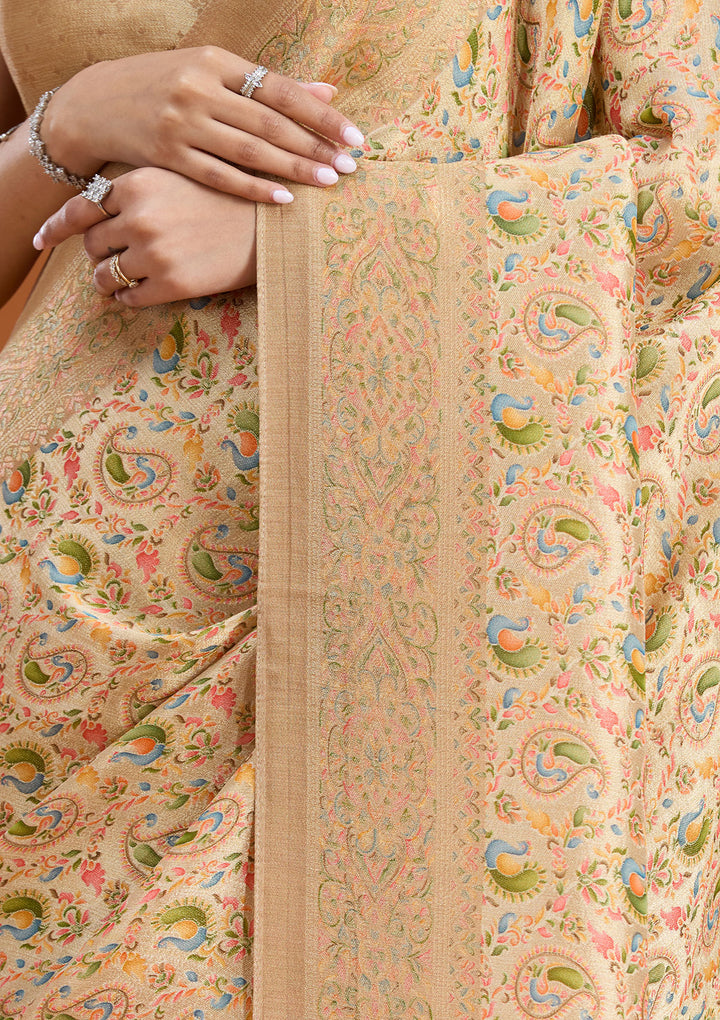 Beige Crepe Jaal Kashmiri Saree With Matching Blouse Piece