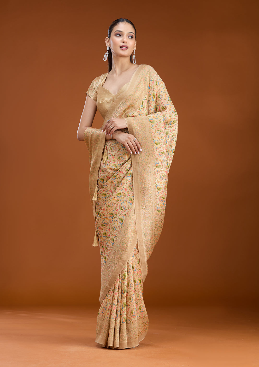 Beige Crepe Jaal Kashmiri Saree With Matching Blouse Piece