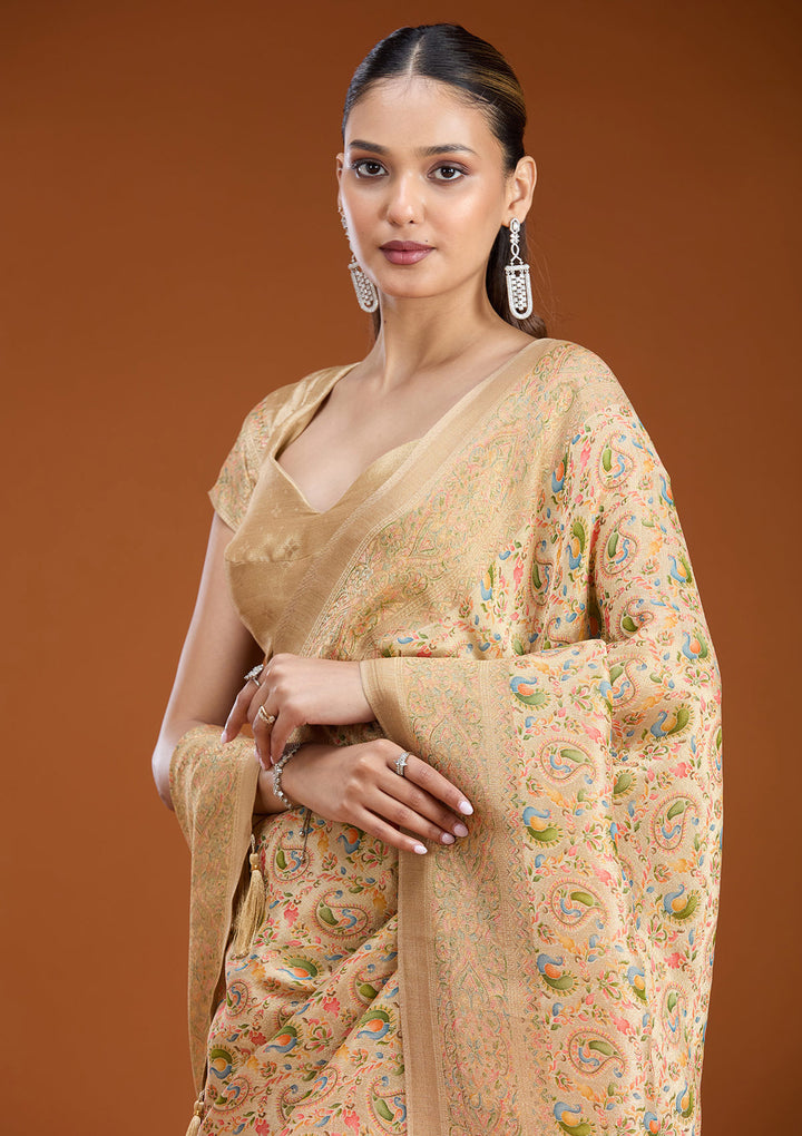 Beige Crepe Jaal Kashmiri Saree With Matching Blouse Piece